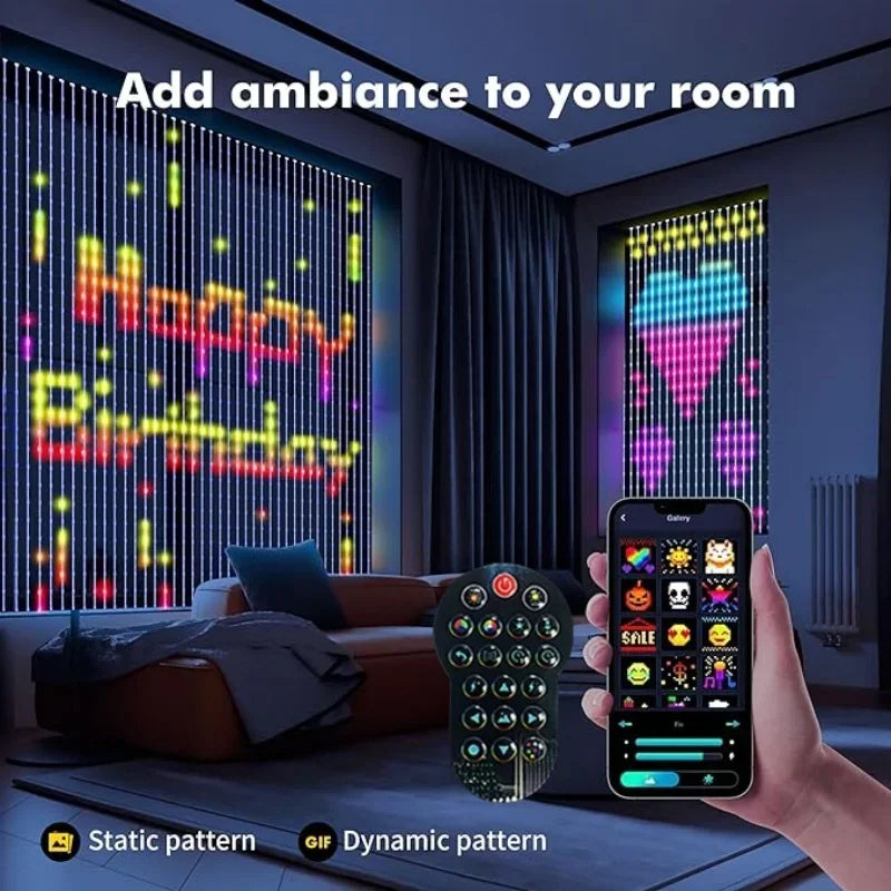 rideau lumineux led multicolore pixel art motifs modernes éclairage ambiance télécommande application mobile