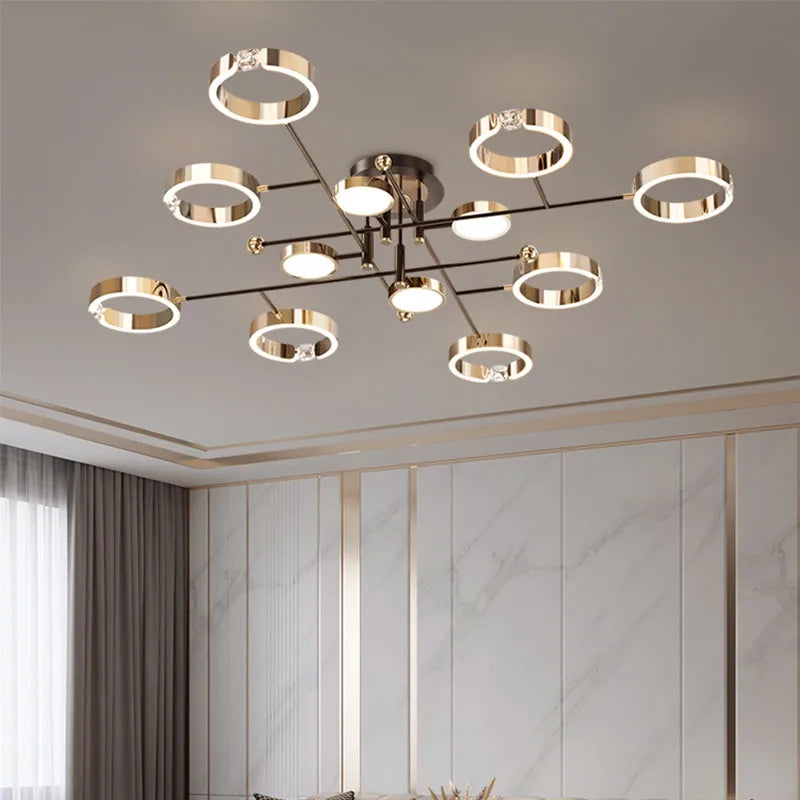 lampe suspendue moderne dorée noire anneaux circulaires luminaire salon chambre luxe