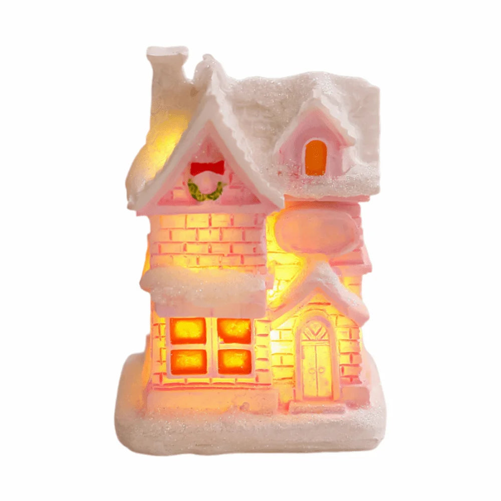 ornement noël miniature maison lumineuse rose brique neige toit fenêtres porte guirlandetoyshop