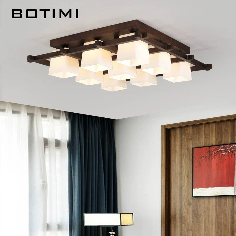 lampe moderne bois foncé abat jour blanc carré lumières led chambre salon