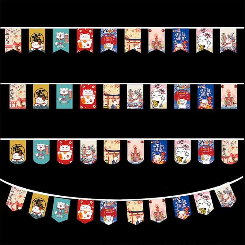 guirlande fanions multicolore motifs japonais traditionnels chat porte bonheur décoration thème japonais festive opaques
