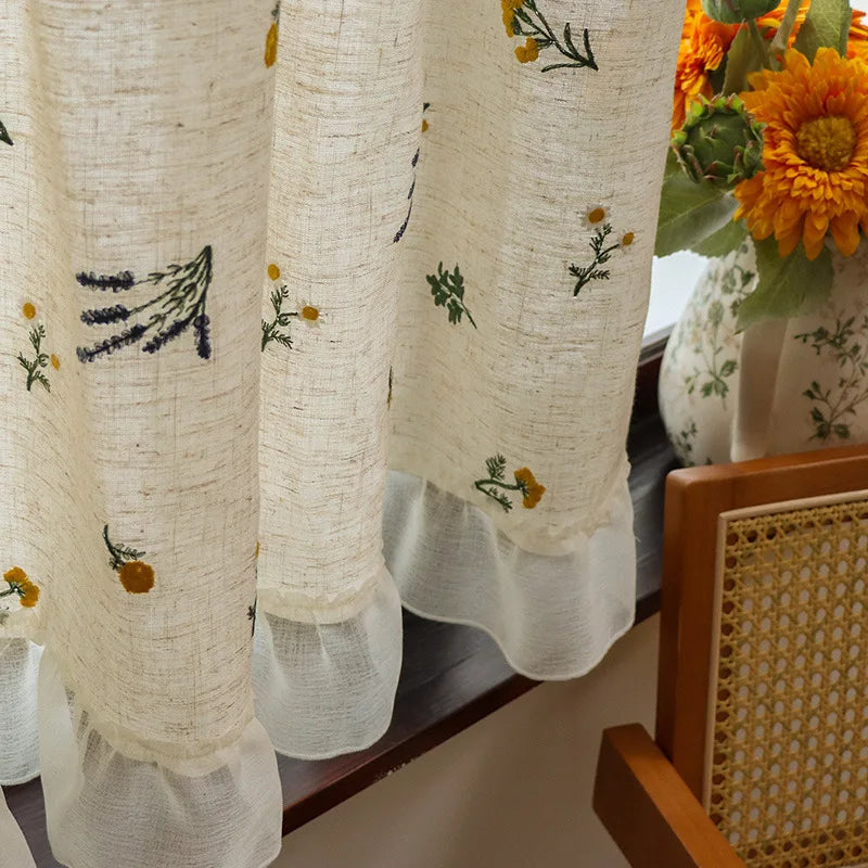 rideau cuisine beige fleurs semi transparent rustique rubans bas 100x60cm 150x60cm 180x60cm