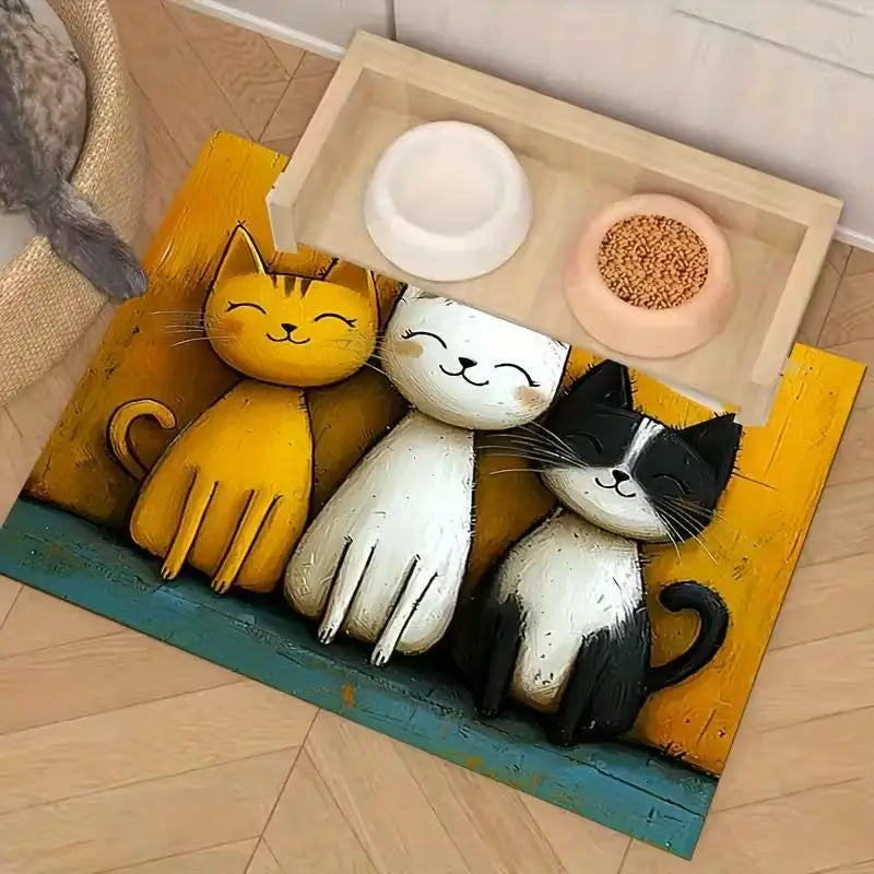 tapis antidérapant imperméable dessin animé chats couleurs variées toile jute cartoon assiettes alimentation chats
