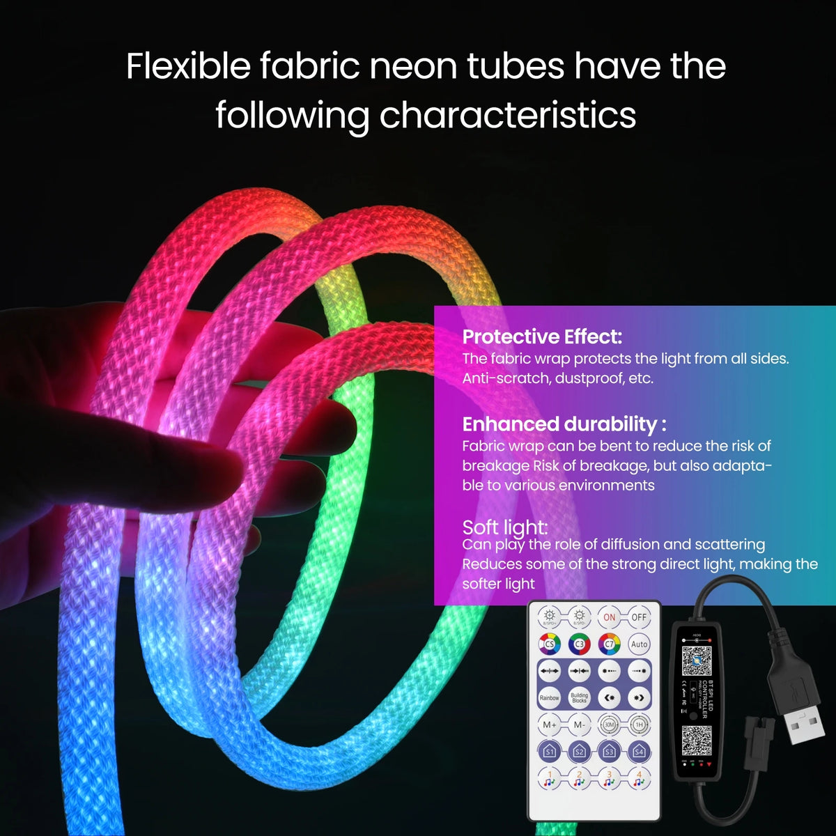 tube néon flexible multicolore réticulé moderne clips télécommande câble usb led rgb