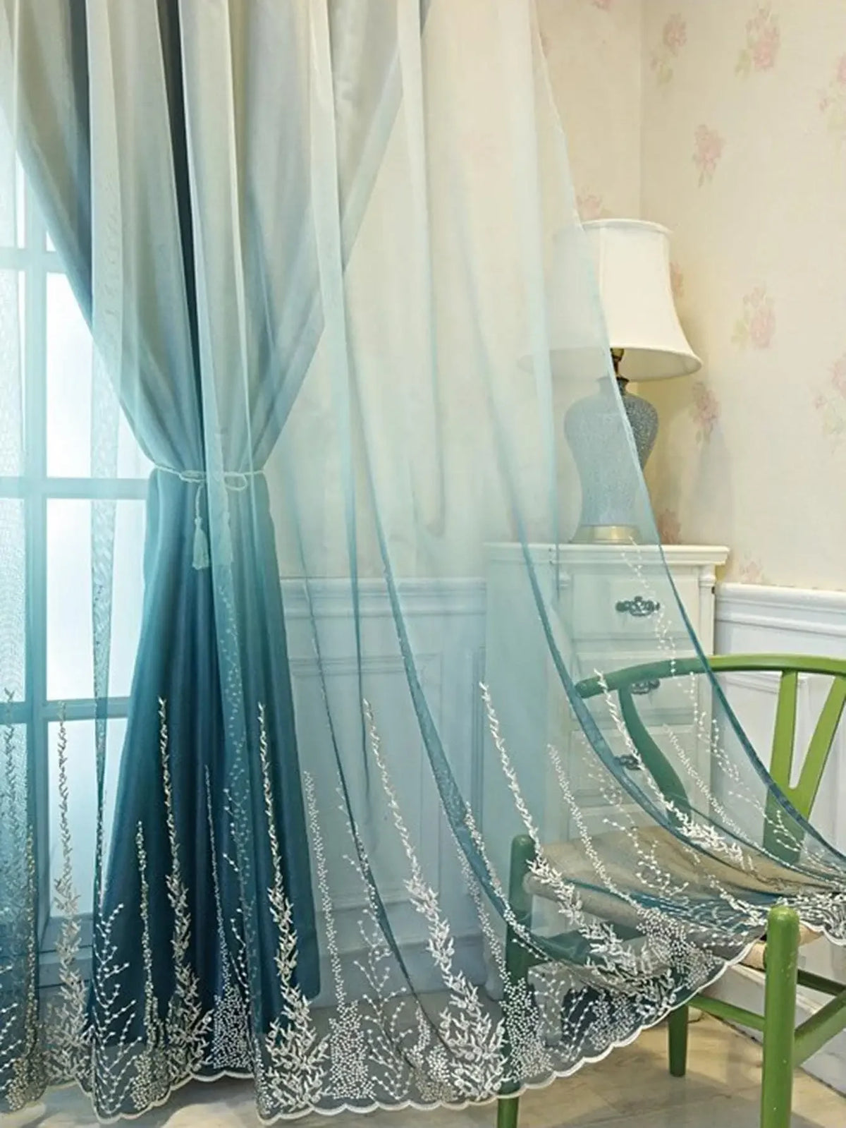 rideau bleu blanc brodé semi transparent classique élégant fenêtre tulle coton 100cm 132cm 210cm