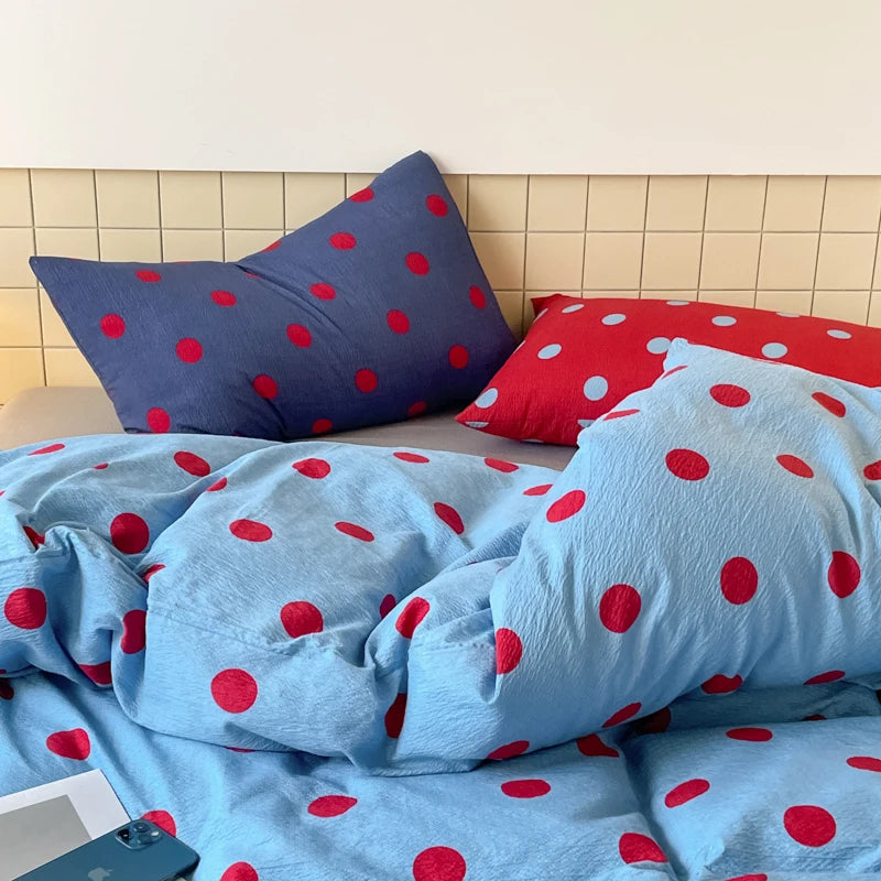 ensemble literie bleu rouge points moderne décontracté couvre lit taies oreiller coussin 150x200cm 180x220cm