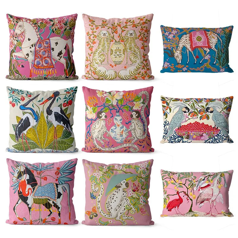 coussin rectangulaire motif animal multicolore oiseaux fruits décor maison lit canapé voiture jacinthe opacité