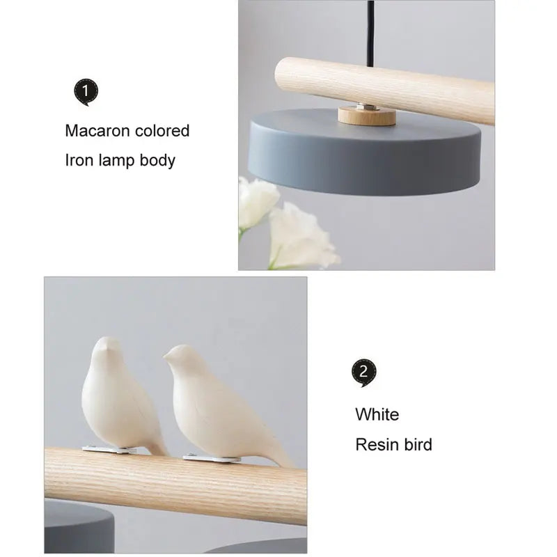 lampe suspendue moderne minimaliste led gris blanc rose jaune bleu oiseaux résine bois