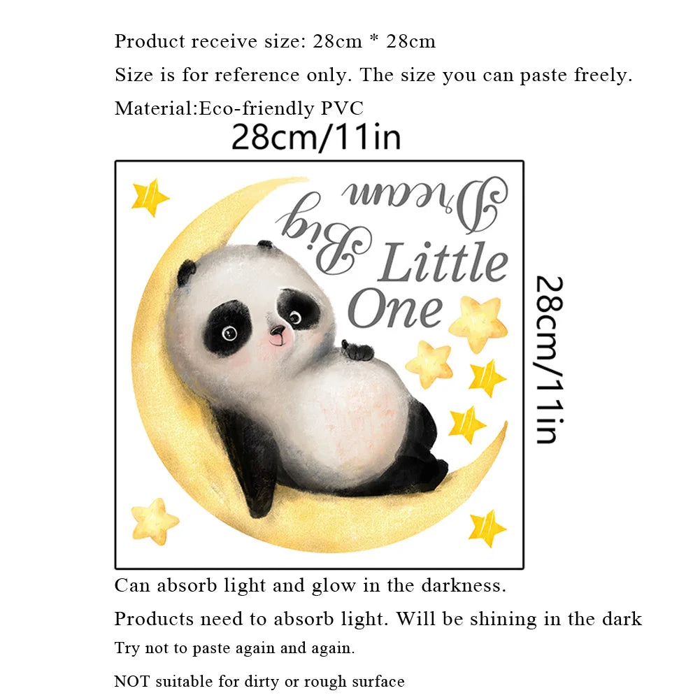 autocollant mural panda lune étoiles texte luminescent illustration enfant adhésif opacité 28cm 28cm glow