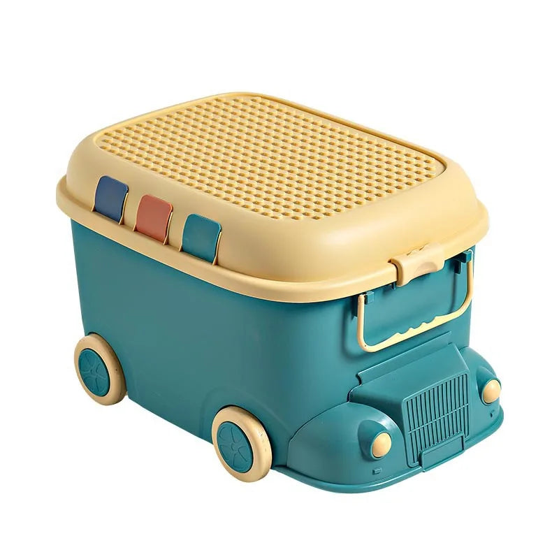 boîte rangement bus bleu beige orange jouets tapis moderne enfantin poignées dorées textures roues