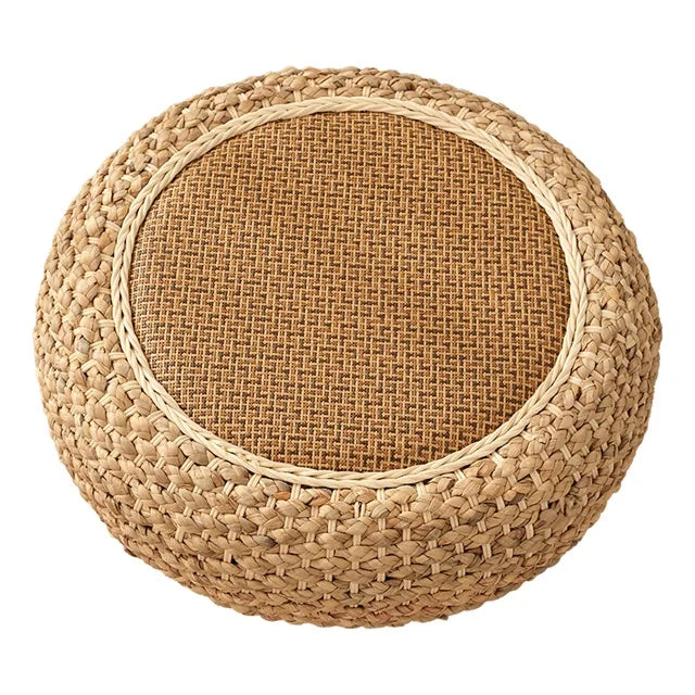coussin sol rond tissé main paille mousse pu anti décubitus opaque rustique beige brunclair