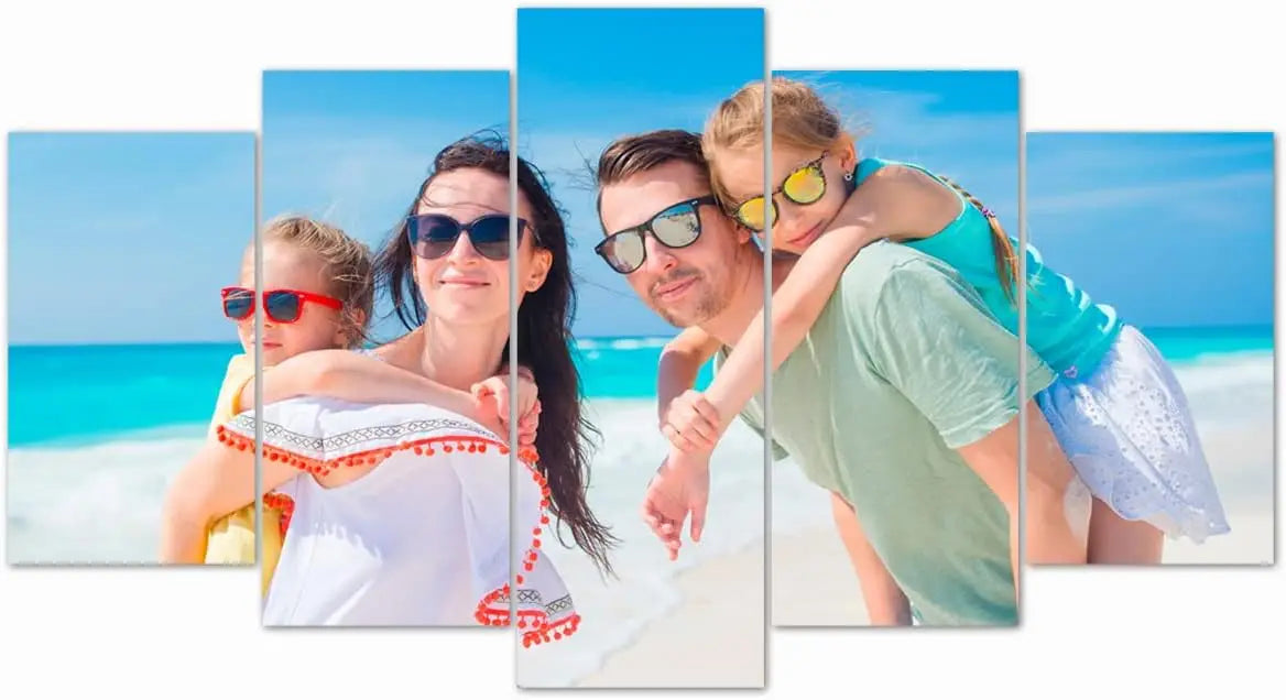 toile d'art personnalisable moderne photo famille piscine clips fixation blanc bleu vert beige