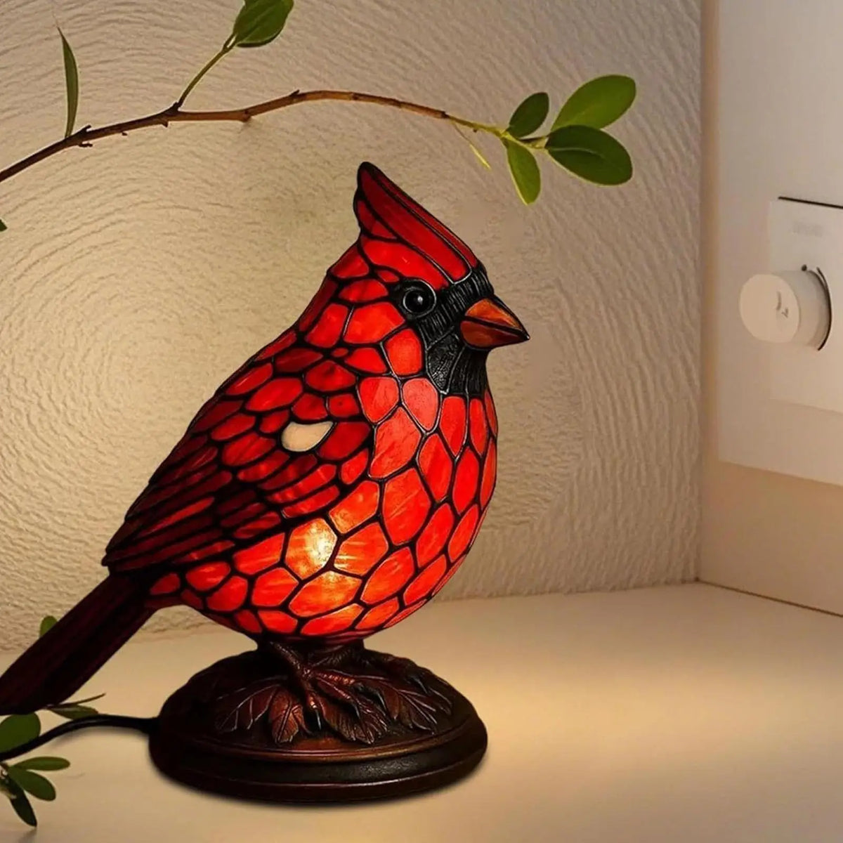lampe table oiseau rouge noir mosaïque artisanale tiffany chambre salon