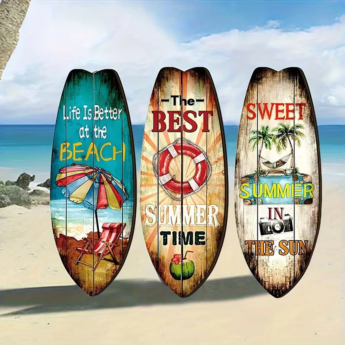 décoration murale vintage planche surf multicolore motifs estivaux adhésif nano glue maison plage