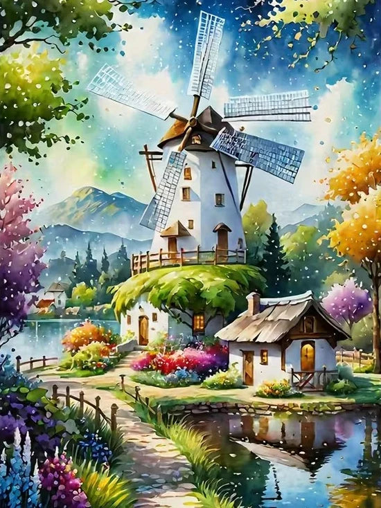 puzzle diamant paysage rural moulin vent maison fleurs arbres lac montagnes blanc vert bleu
