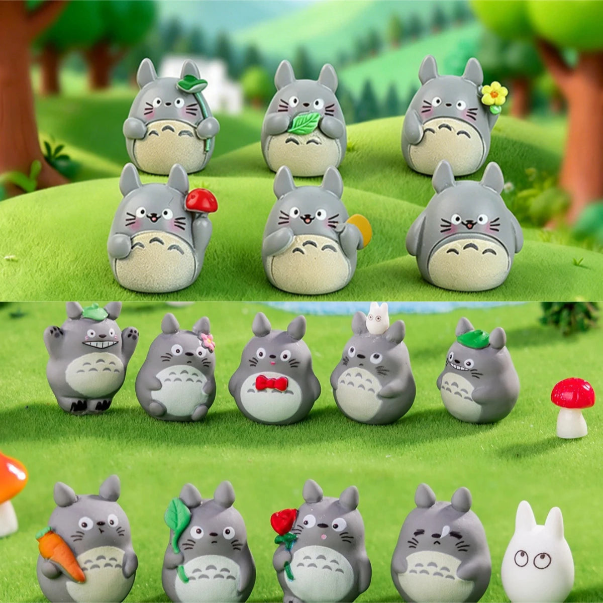 figurines totoro résine mignonnes cartoon gris blanc vert rouge orange details yeux oreilles