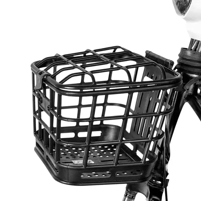 panier avant vélo électrique noir structure grille couvercle poignée fixations utilitaire rangement sac plastique