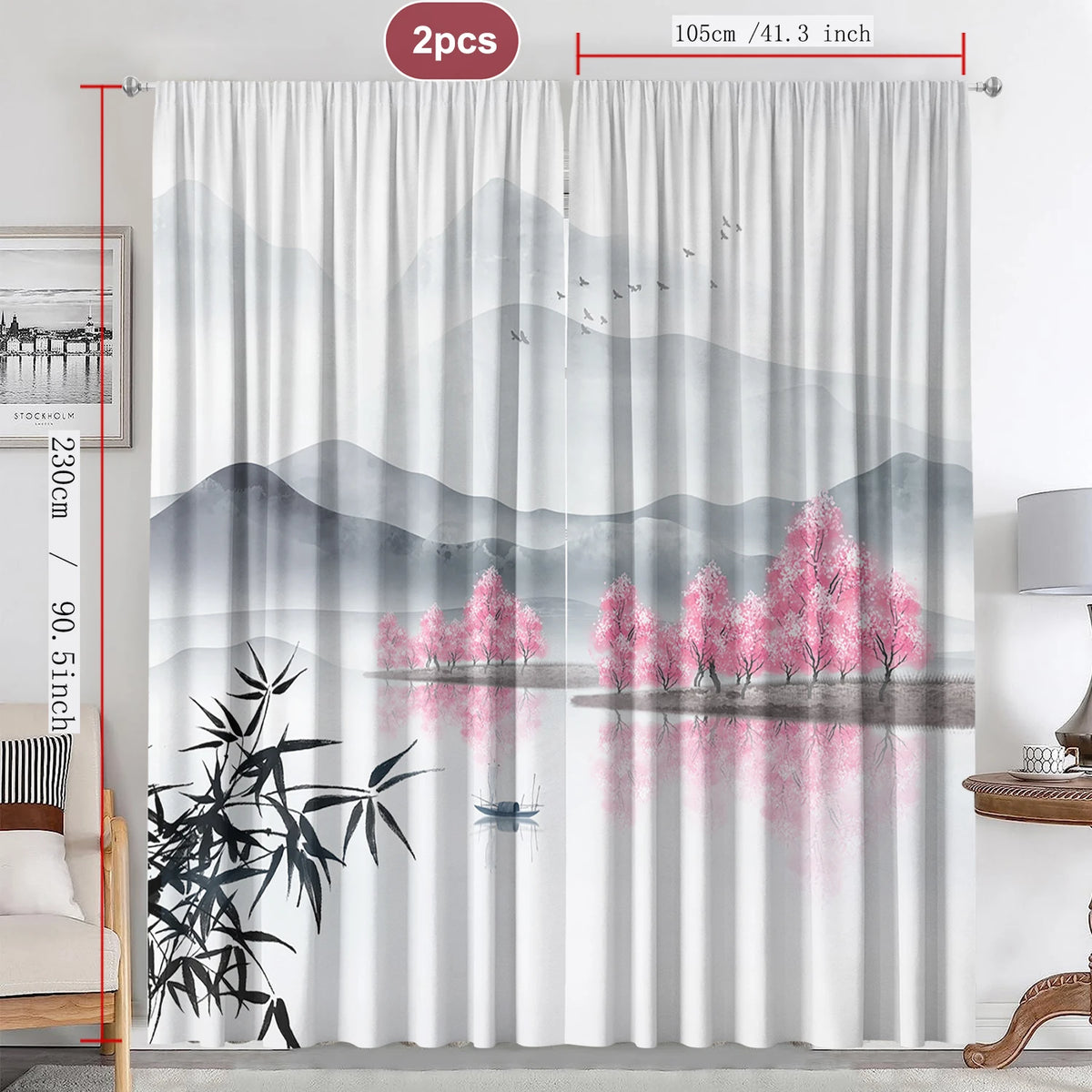 rideaux japonais motifs bambou montagne zen opaque transparent 75x166cm polyester tubulaire