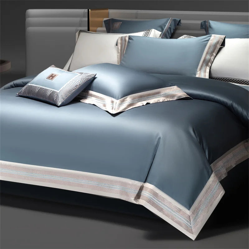 ensemble literie bleu clair broderies moderne 100 coton ultra doux king queen size