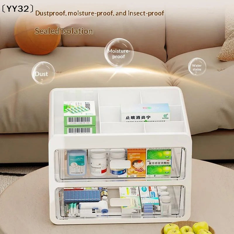 boîte rangement médicaments transparente moderne blanc compartiments bouteilles différentes tailles organisation pharmacie portative