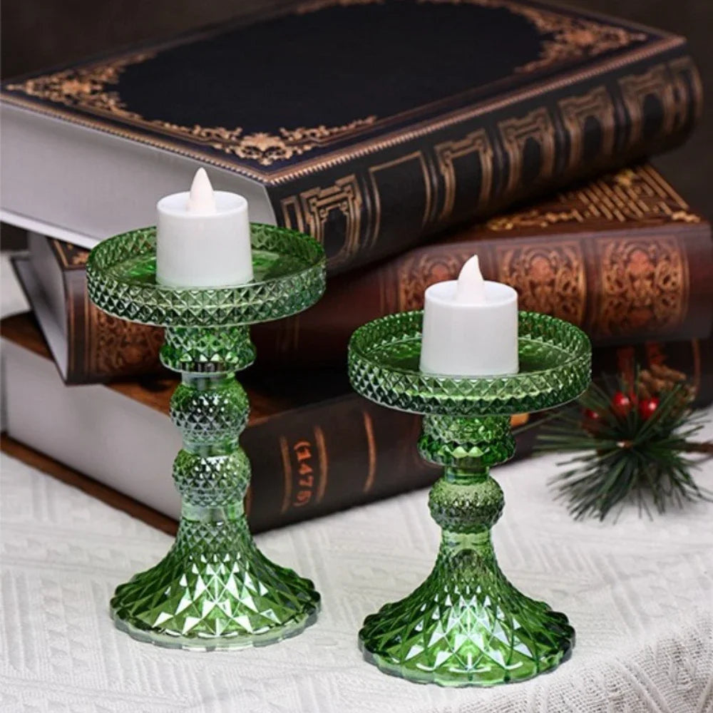support bougie verre rose vert motif diamant décoration table mariage classique objet déco maison