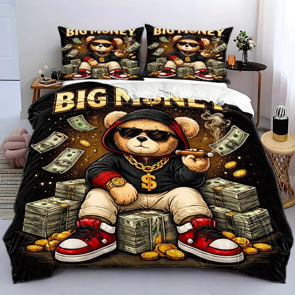 housse couette oreiller ours billets or pop art noire blanche rouge dorée lit grande