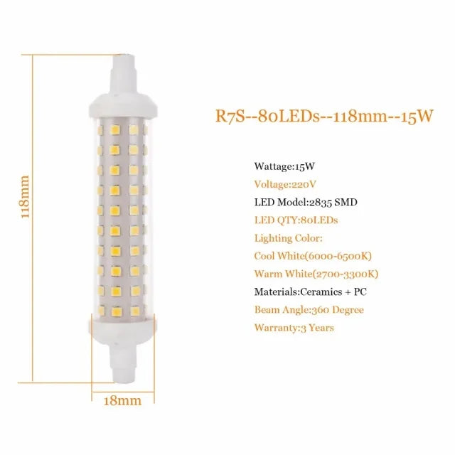 Ampoule LED R7S 220V 10W 15W 20W blanc moderne sans scintillement 80000h