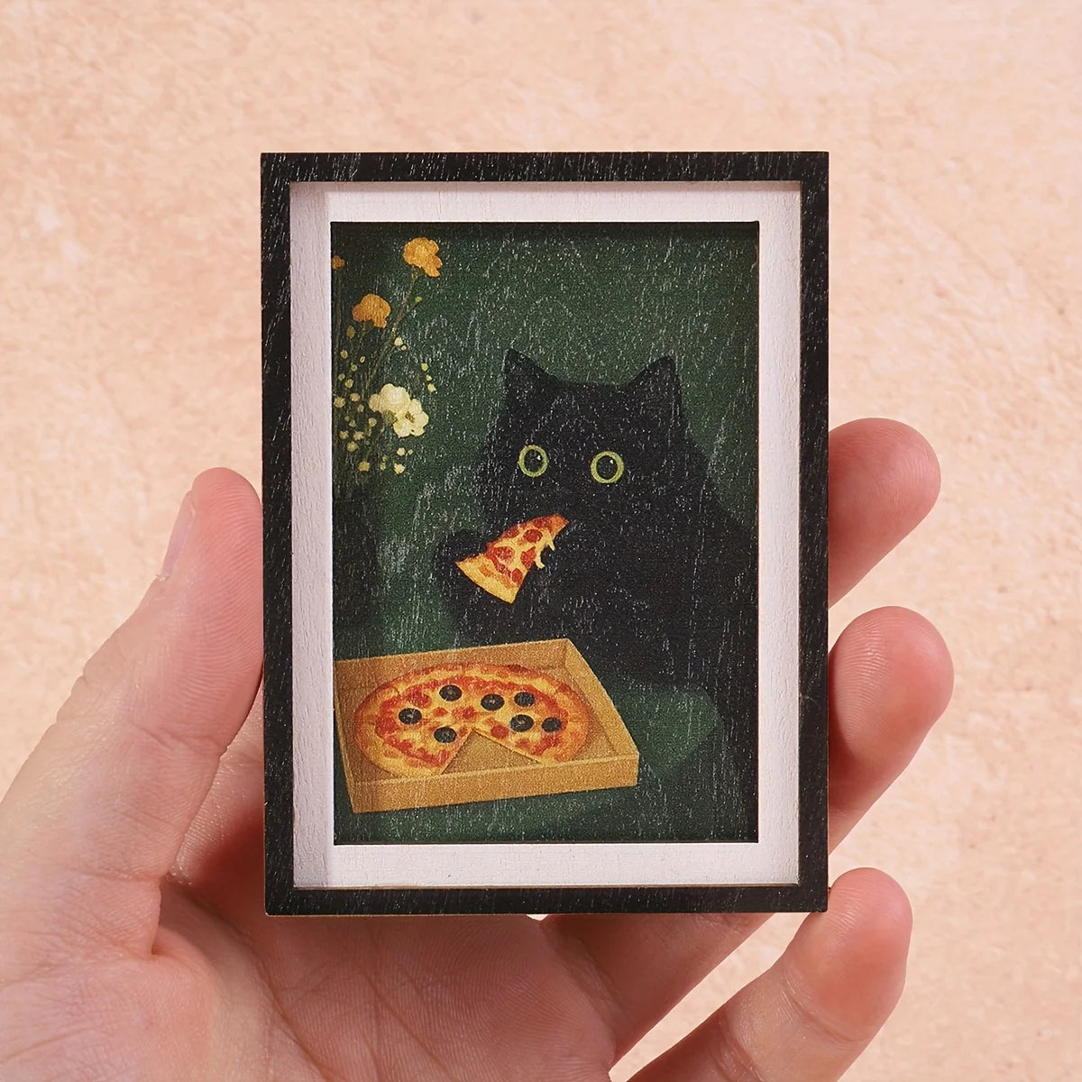 aimant réfrigérateur art minimaliste chat noir pizza fleurs blanches fond vert effet toile cadre