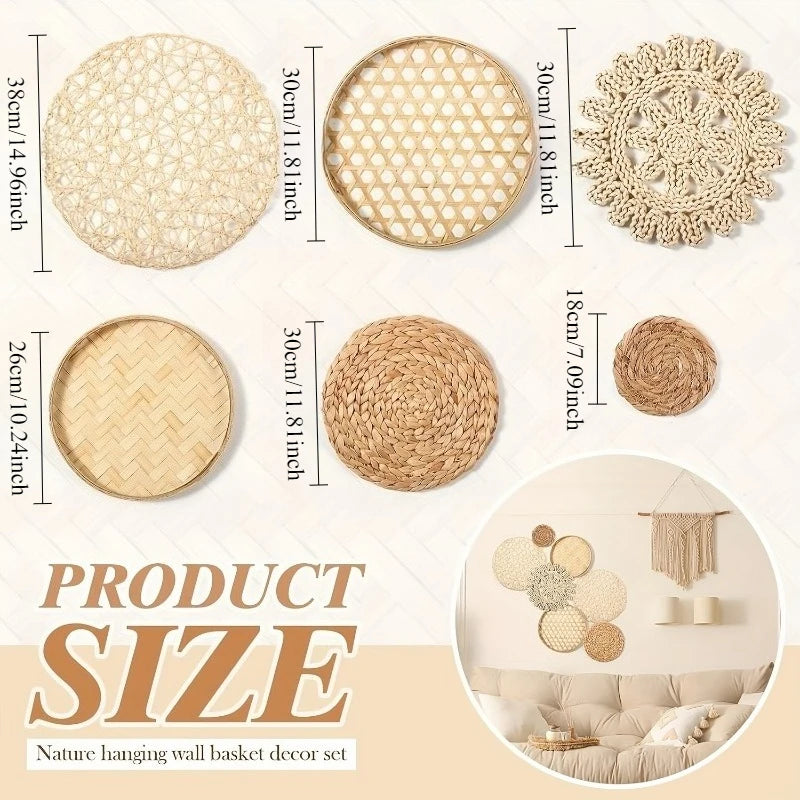 assiettes rotin boho chic naturel assiettes tissées géométriques anneaux intégrés décoration murale rustique