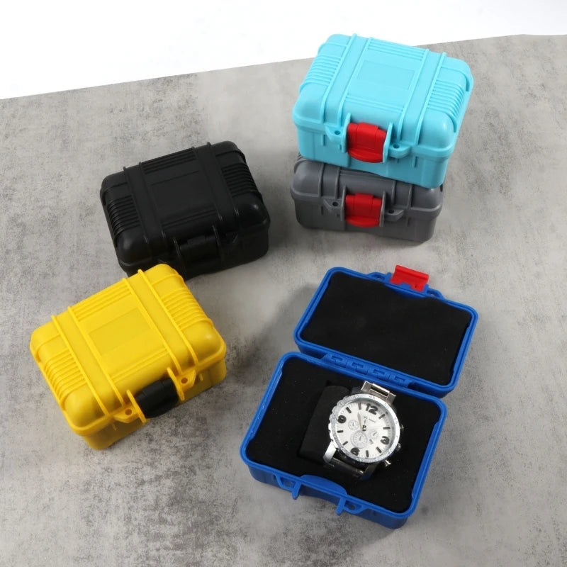 boîtes rangement montres simili cuir noir bleu jaune gris texture relief pratique robuste poignées