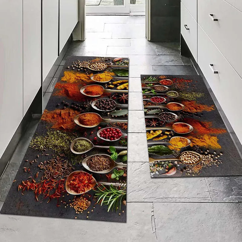 tapis sol antidérapant imperméable motifs épices cuisine moderne orange rouge vert