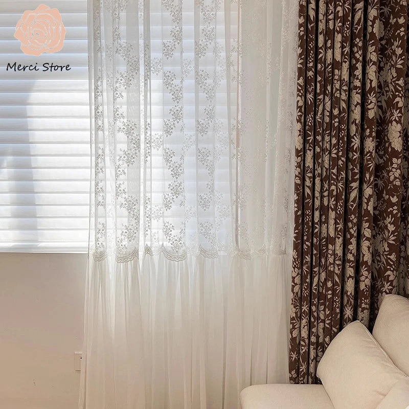 rideau blanc classique broderie florale transparente gaze légère fenêtre salon chambre luxe