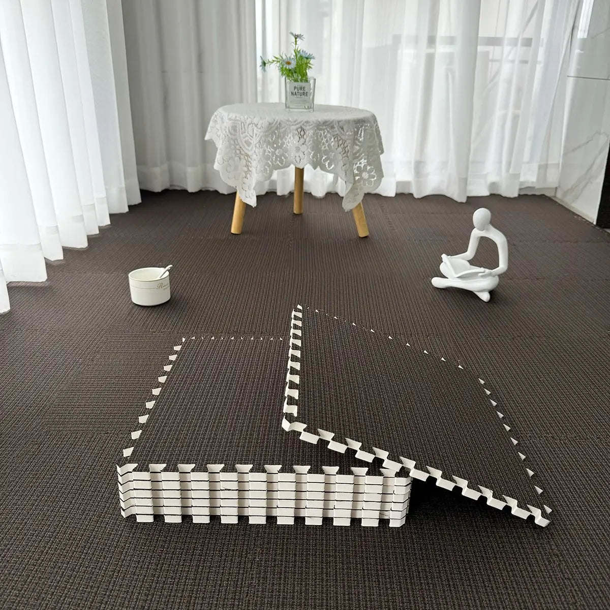 tapis sol modulable carreaux géométriques orange gris beige moderne fonctionnel clips