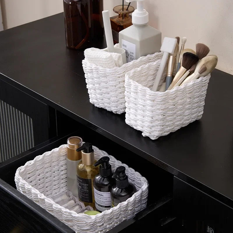 paniers rangement tissage corde fibre végétale réutilisables gris noir beige blanc opacité rustique naturel