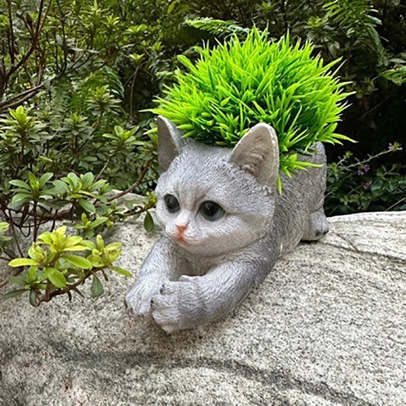pots fleurs forme chat orange imitation pelage herbe verte extérieur animalier mignon deco jardin
