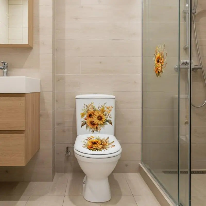 sticker adhésif floral tournesols fleurs feuilles salle bain toilettes salon refroidisseur