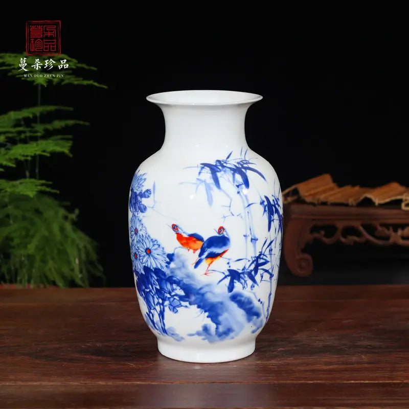vase céramique traditionnel chinois blanc rouge bleu oiseaux bambous calligraphie paysagesOpaque 22cm