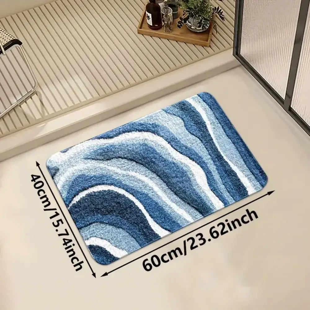 tapis bain bleu blanc rayures ondulées moderne antidérapant absorbant intérieur salle bain cuisine couloir