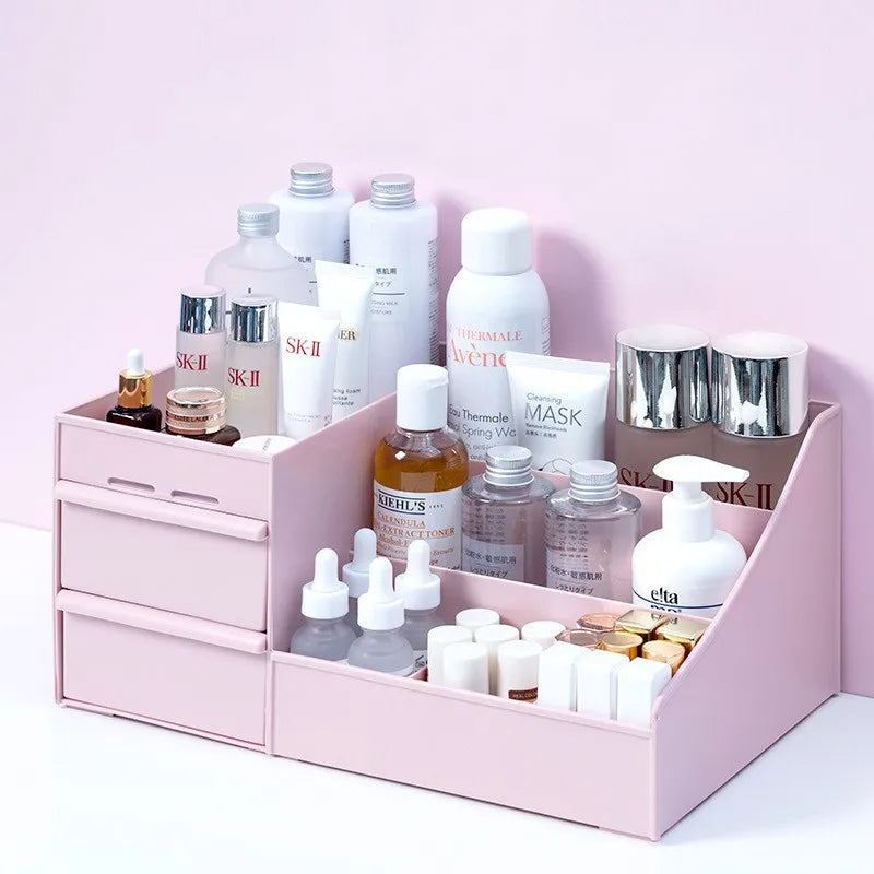 organisateur maquillage tiroirs rangement produits beauté blanc rose minimaliste moderne