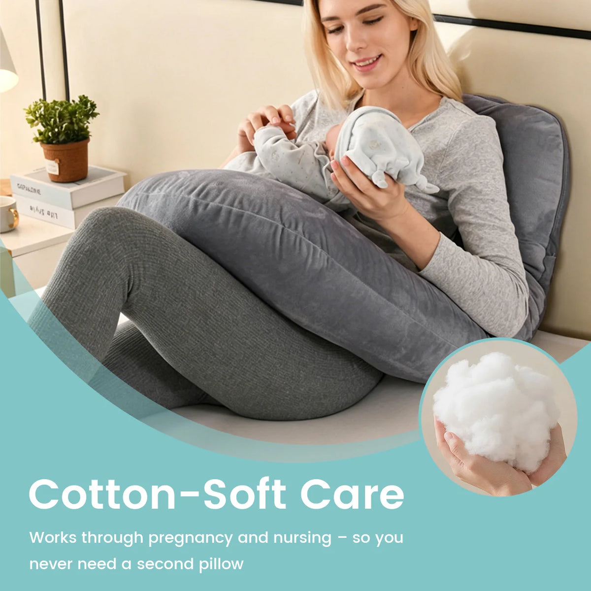 coussin maternité velours doux gris confortable fermeture zip side sleeping allaitement body support lit