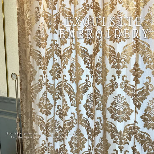 rideau blanc doré broderie florale classique semi opaque anneaux salon chambre