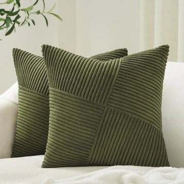 ensemble coussin décoratif vert olive rayures horizontales moderne velours côtelé patchwork canapé