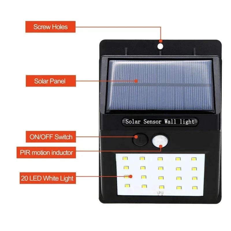 lampe solaire murale moderne 20led noir mat capteur mouvement pir ip65