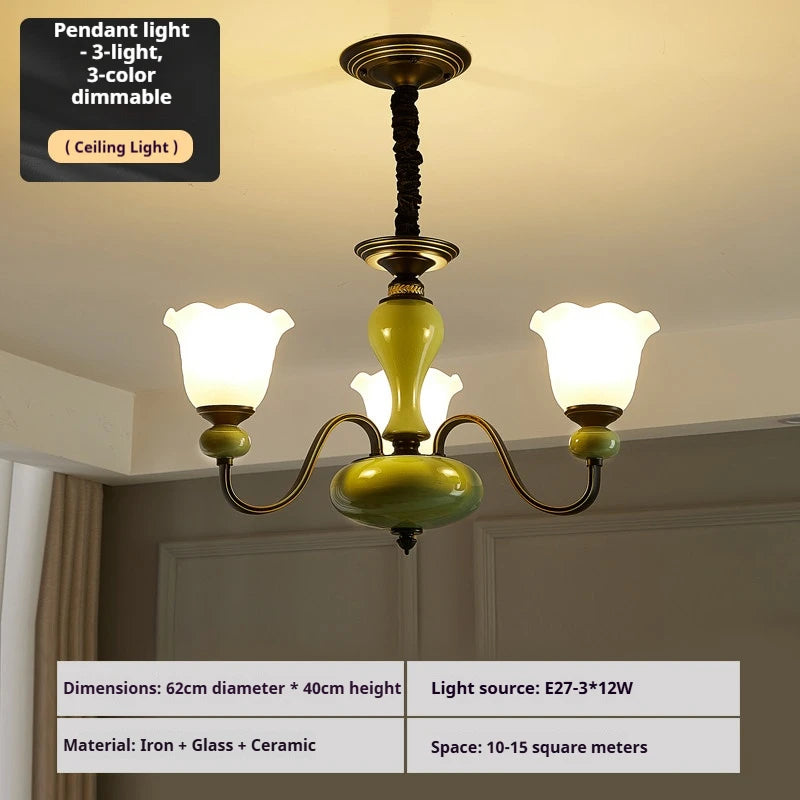 lampe suspendue led céramique verte verre translucide classique chaîne métallique télécommande 15 têtes lumière