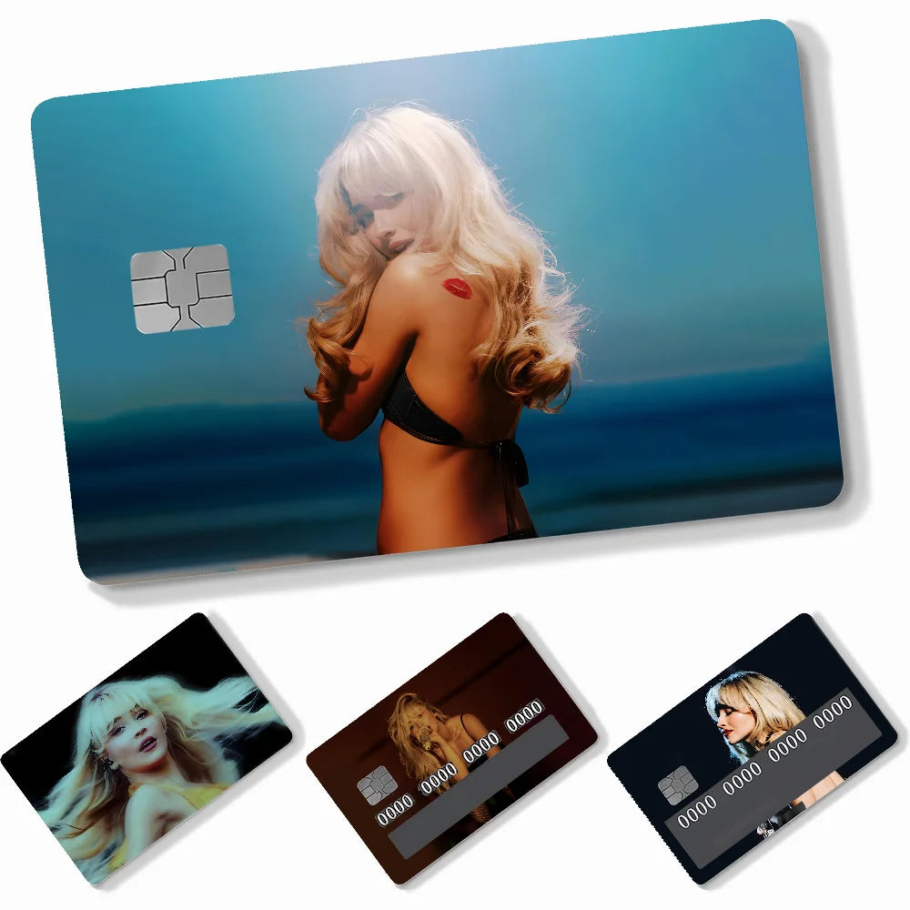 autocollants carte crédit sabrina carpenter adhésifs personnalisables moderne bleu clair noir doré imprimé maillot