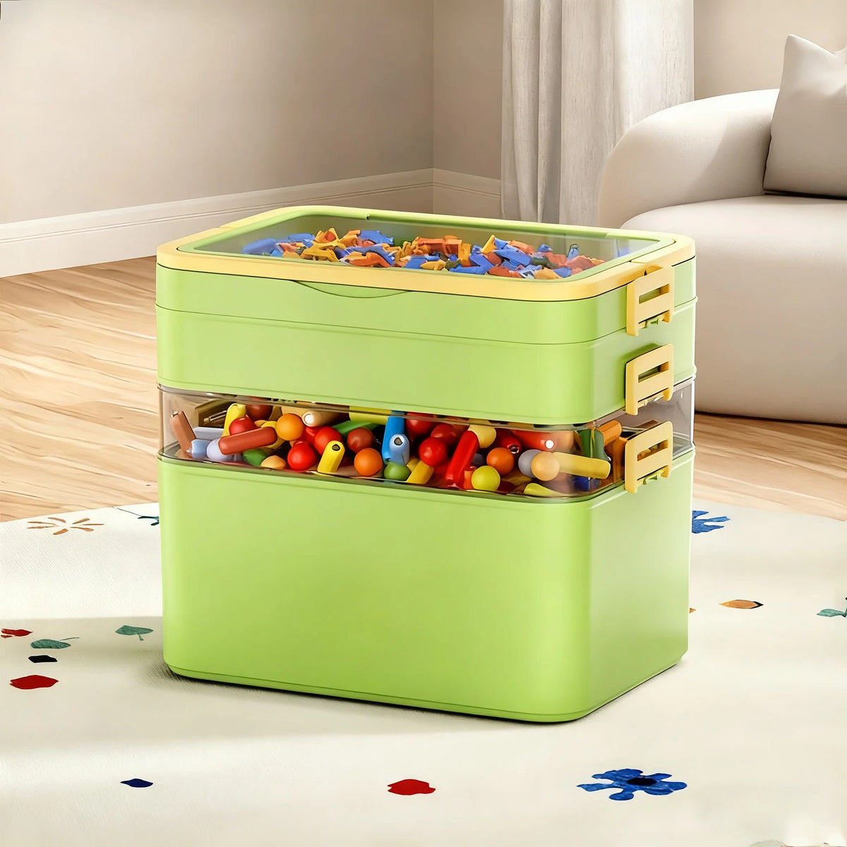 boîtes rangement transparentes empilables jouets colorés moderne poignées vert rose jaune