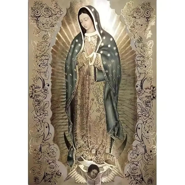 tableau religieux moderne toile ornements floraux motifs catholiques détails bleu doré noirDecorationMurrale