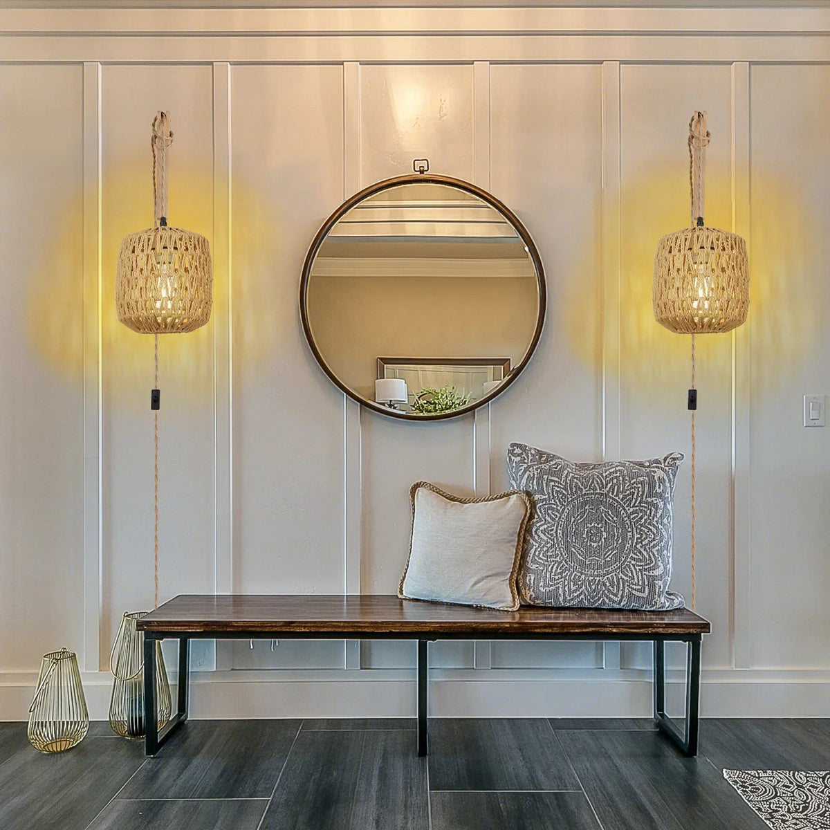lampe suspendue tressée bois naturel bohème rustique éclairage mur chambre salon étude entree