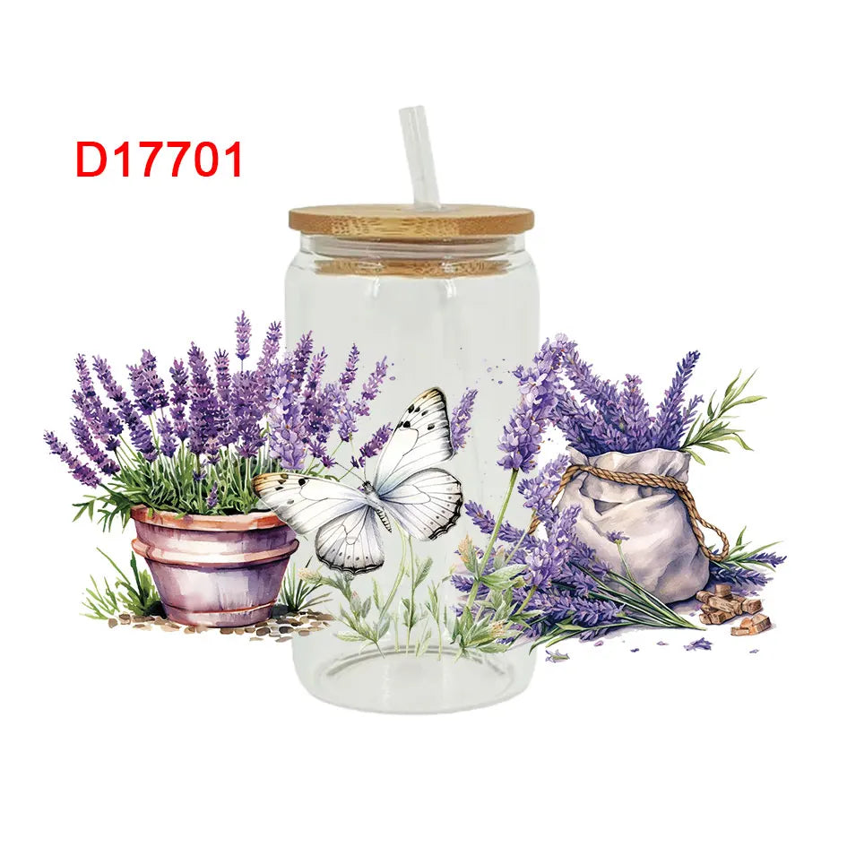 autocollants décoration diy fleurs illustration bocal verre transparent papillons roses lavande bois