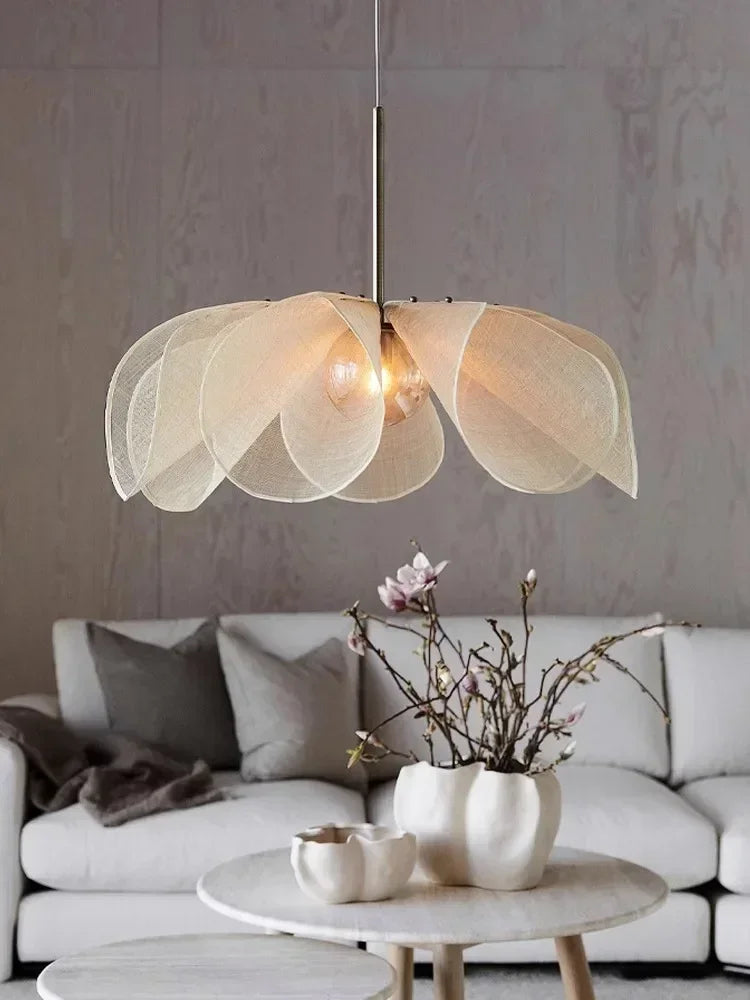 Suspension lumineuse tissu beige motif feuilles moderne opaque pendentif chambre salon étude